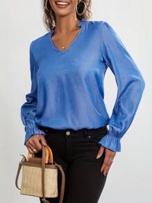 Womens Notched V Neck T-Shirts Fashion Long Sleeve Solid Color Loose Frill Tops Spring Summer Shirts - 藏青色 - 查看 5