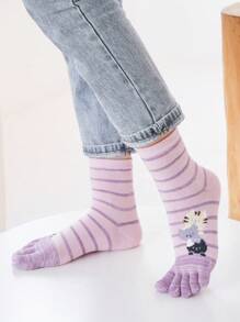 1双女式卡通猫条纹中筒五趾袜，秋季 - 彩色 - 查看 5