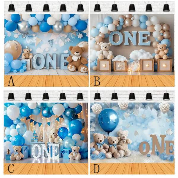 One Year Old Blue Balloon Happy Birthday Backdrop Bear Balloon Arch Cloud Design First Birthday Party Cake Table Decoration Banner Shower Party Portrait Photography Props Vinyl