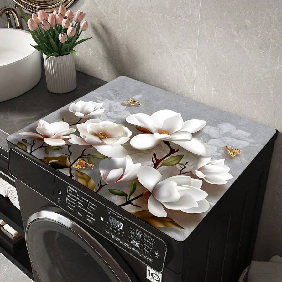 1pc Washing Machine Cover Mat, 3D Floral Print Pattern, Kitchen Countertop Mat, Washer/Dryer Top Protective Cover, Multi-Purpose Kitchen Counter Cover, Modern Washer And Kitchen Appliance Top Protector, Clothes Drying Mat, Water-Resistant Countertop Mat, Home Goods