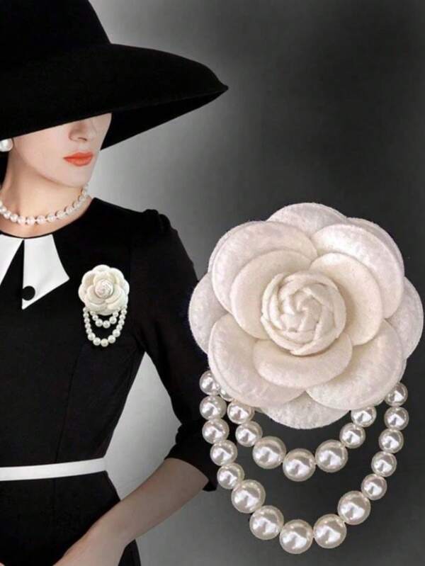 1pc Elegant Women's Camellia Flower Faux Pearl Tassel Brooch Pin For Shirt Collar Clothing Accessory, Party And Wedding Gift Valentines,Mom,Mother,Mother's Day,Gift