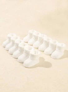 6 件套婴儿纯色平底折叠袜，秋冬款 - 白色 - 查看 2
