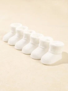 6 件套婴儿纯色平底折叠袜，秋冬款 - 白色 - 查看 1