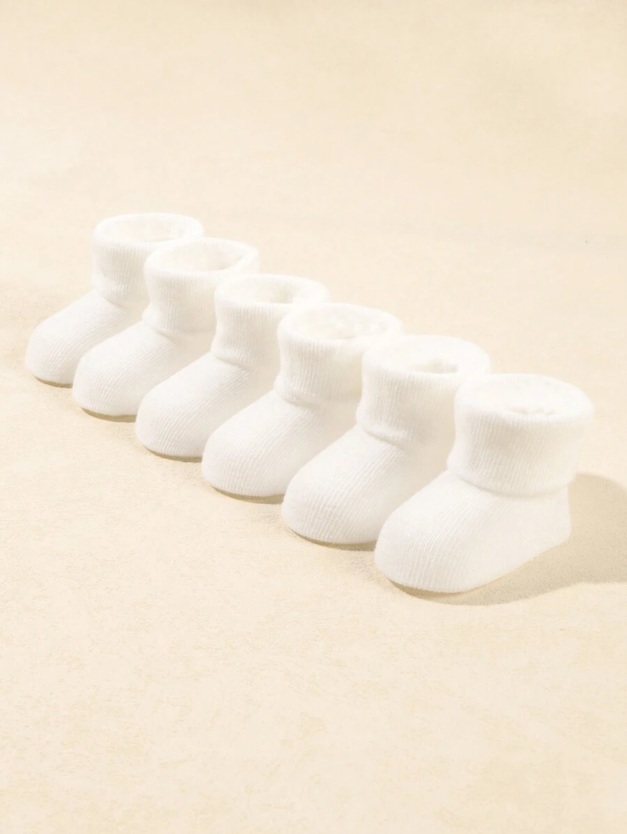 6 件套婴儿纯色平底折叠袜，秋冬款 - 白色 - 查看 1