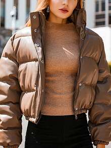 冬季女士长袖泡泡衣女式绗缝羽绒夹克扣领假日全拉链短款加厚女式夹克