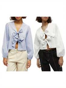 Women T-Shirt Long Sleeve Tie-Up Striped Loose Ladies Fall Blouse Tops Streetwear