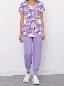 Ensemble de tenue de travail avec Top à col V manches courtes à imprimé intégral et pantalon pour femmes