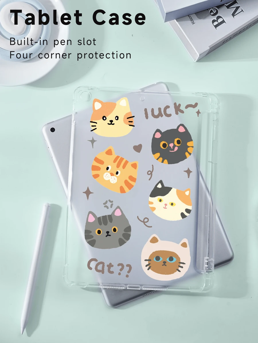 可爱猫咪保护壳，兼容 iPad 7/8/9 10.2 英寸，带内置铅笔槽，兼容三星 Galaxy Tab A8 10.5 英寸 2022、S6 Lite 10.4 英寸，外壳轻薄柔软，TPU 防刮背面，防震抗冲击凸起边缘 - 彩色 - 查看 1
