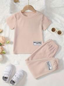 Girls Summer Sporty Waffle Knit Breathable 2 Pieces Set, Short Sleeve Top And Loose Drawstring Pants, Suitable For Outdoor Sports Like Walking And Running - Apricot - View 1