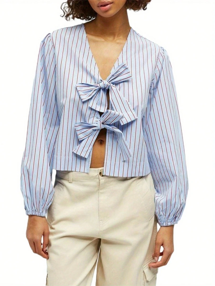 Women T-Shirt Long Sleeve Tie-Up Striped Loose Ladies Fall Blouse Tops Streetwear