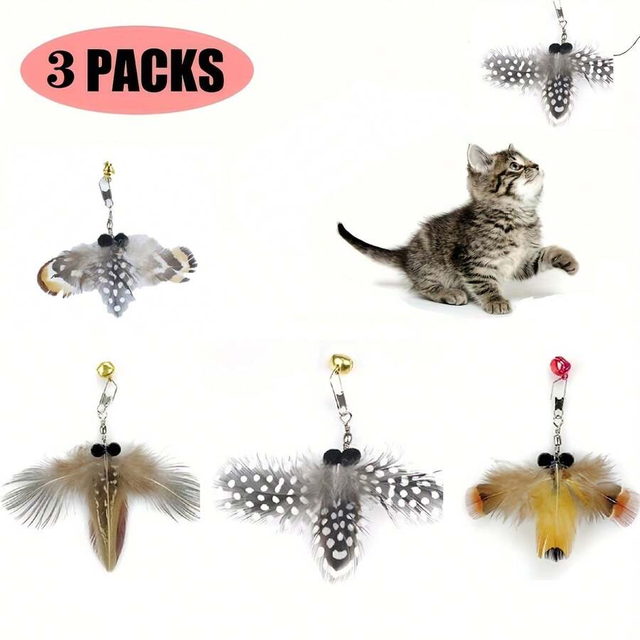 3 件昆虫形猫棒玩具，耐用的猫逗棒替换头，互动羽毛逗猫棒，室内小猫玩耍锻炼工具和宠物用品