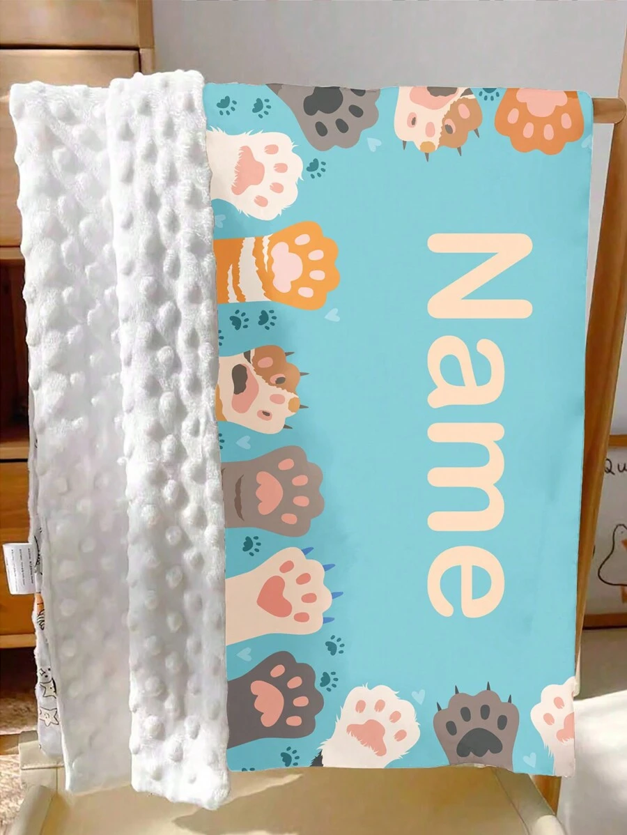 1pc Customized Cat/Dog Blanket With Name, Paw Print, Double-Layer Dotted Pet Blanket, Memorial Gift, Soft Name Blanket, Personalized Pet Gift, Christmas Blanket Gift, Best Friend Blanket