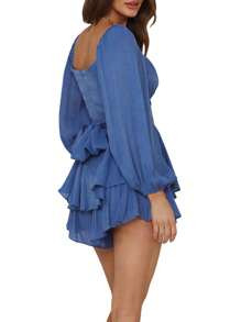 Women Puff Long Sleeve Romper Off Shoulder Ruffle Flowy Short Jumpsuit Layered Pirate Dress With Shorts Playsuit - Blue - View 2