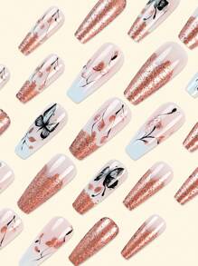 Y2K 更新您的外观 24 片长棺材超光泽按压指甲粉色时尚法式渐变闪光几何条纹烫金花朵蝴蝶叶图案美丽简约风格假指甲人造手指修指甲假指甲女士甜美、可爱、简约、优雅风格美甲套装带可拆卸假指甲贴片适合节日穿着、派对、朋友、约会、日常穿着美甲用品指甲 - 粉色 - 查看 2