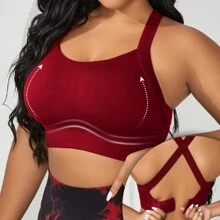 Seamless High-Elasticity And High-Support Plus-Size Sports Bra,Women Plus-Size Underwear Detachable Chest Pad With Cross-Strap Design,Women's Plus-Size Fitness Solid Color Simple Yoga Bra,Women Soft And Comfortable Plus-Size Sports Tops - 紅色 - 查看 3