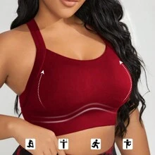 Seamless High-Elasticity And High-Support Plus-Size Sports Bra,Women Plus-Size Underwear Detachable Chest Pad With Cross-Strap Design,Women's Plus-Size Fitness Solid Color Simple Yoga Bra,Women Soft And Comfortable Plus-Size Sports Tops - 紅色 - 查看 2