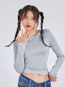 Womens Summer Slim Cropped Tops Solid Color T-Shirt Long Sleeve Round Neck Show Navel Party Blouse Streetwear - 淺灰色 - 查看 3