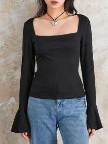 Women's Fall Elegant Slim Tops Solid Color Flare Long Sleeve Square-Neck Shirt Clubwear