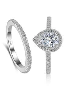 ESBERRY 2pcs/Set 925 Sterling Silver High Sparkle Glamorous Cubic Zirconia Water-Drop Decor Wedding Band For Women Valentines Gift Engagement Bridal Jewelry - Teardrop Diamond Ring - View 2