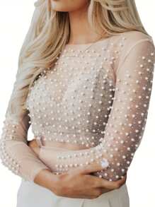 Women's Summer Sheer Mesh Tops Long Sleeve Round Neck Rhinestone Slim Fit Crop Tops - 白色 - 查看 2