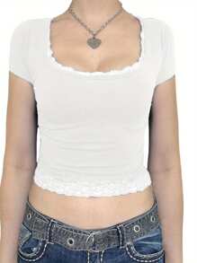Women's Summer Slim Fit Tops Short Sleeve Square Neck Lace Trim Cropped T-Shirts
