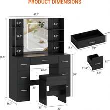 GOCAPTAIN Vanity Desk With Mirror, Led Lights And Power Outlet, Makeup Vanity Table With Chair, 3 Color Lights & Brightness Adjustable, Hair Dryer Rack, 7 Drawers, Dressing Table For Bedroom, White - 黑色 - 查看 7