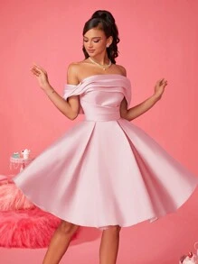 女士露肩褶皱连衣裙，优雅小众高端奢华清爽晚礼服，派对礼服，婚礼宾客礼服，舞会礼服 - 粉色 - 查看 8