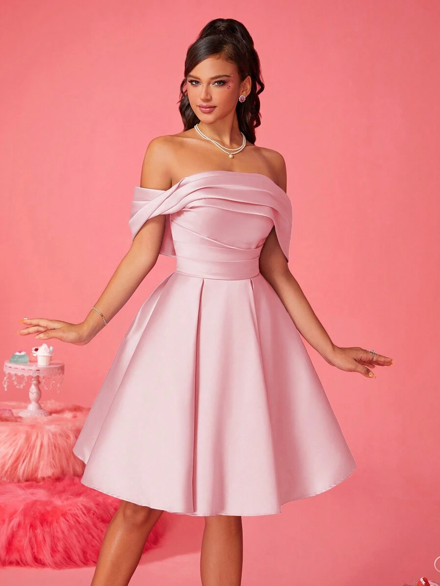 女士露肩褶皱连衣裙，优雅小众高端奢华清爽晚礼服，派对礼服，婚礼宾客礼服，舞会礼服 - 粉色 - 查看 1