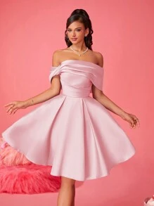 女士露肩褶皱连衣裙，优雅小众高端奢华清爽晚礼服，派对礼服，婚礼宾客礼服，舞会礼服 - 粉色 - 查看 7