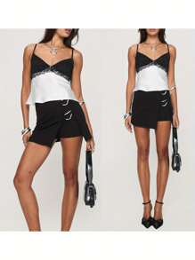 Women's Lace Patchwork Cami Tops Summer Spaghetti Strap Deep V Neck Camisole Tank Tops - màu đen - Xem 2