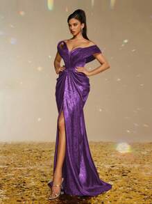 Smilprince 奢华金属露肩高开叉长款紧身晚礼服，女士舞会礼服，正式晚礼服，派对礼服，婚礼宾客礼服 - 紫色 - 查看 3