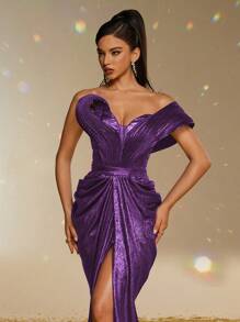 Smilprince 奢华金属露肩高开叉长款紧身晚礼服，女士舞会礼服，正式晚礼服，派对礼服，婚礼宾客礼服 - 紫色 - 查看 7