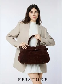 1 件仿麂皮手提包，大容量纯色成熟优雅女士手提包，复古公文包适合女孩、女士、大学生、职场新人和白领人士，非常适合工作、商务、通勤、学校、麂皮包钱包、秋冬热销女包、复古风格女士复古包、女士手提包