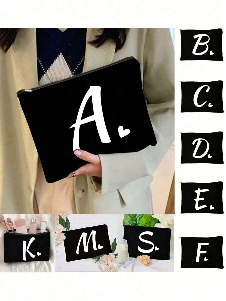 1 件化妆包化妆包钱包姓名首字母 A-Z 字母图案洗漱用品整理袋洗漱包拉链手机钱包铅笔袋手拿包教师礼物旅行必需品女士女孩礼物化妆工具化妆刷收纳，适用于假日海滩、浴室收藏、卧室收藏，大容量 - 黑色 - 查看 1