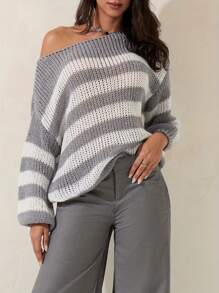 Women Fall Vintage Striped Sweater Long Sleeve Chunky Knit Pullover Tops Y2k Oversized Jumper For Teen Girls - 淺灰色 - 查看 7