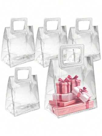 5 个可选 PVC 礼品袋，简约透明家庭礼品袋，带手柄的透明礼品袋透明 PVC 礼品袋重型礼品袋大号可重复使用塑料袋新娘派对婴儿送礼会婚礼生日购物袋和礼品包装