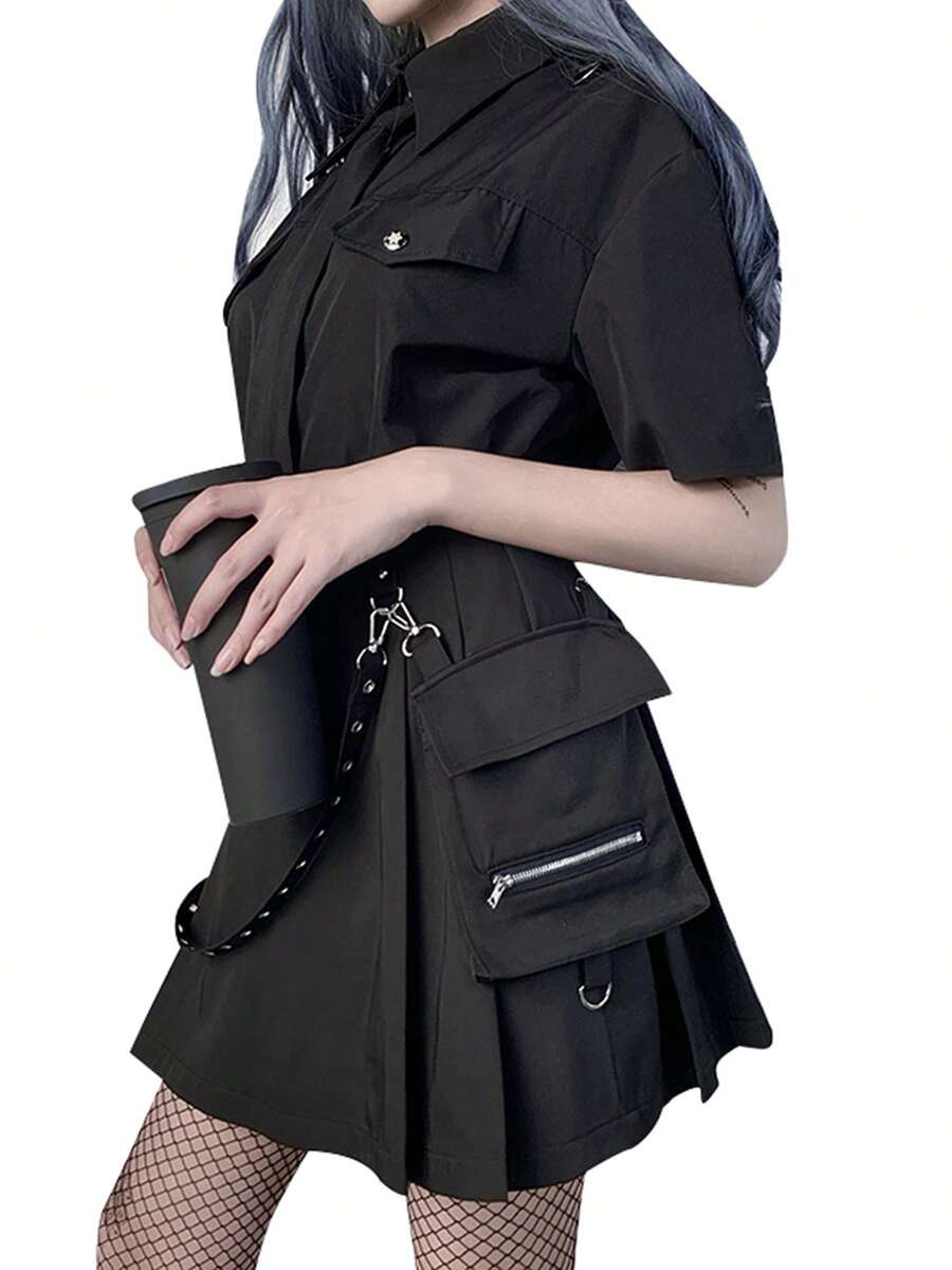 Women Gothic Punk Mini Skirts, Cool Girls High Waist Black Half Dress With Belt Pocket Decoration - Black - View 1