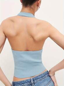 Women Y2K Scoop Neck Halter Crop Top Backless Sleeveless Knit Rib Basic Cami Tank Tops Summer Fall Causal Going Out Streetwear - Blue - View 6