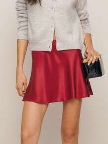 Women's Satin Silk Mini Skirt Bow Casual A-Line Elegant Short Skirts - Burgundy - View 4