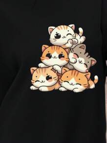 Q-versie schattige katjes print stickers zwart damessweatshirt Curve oversized sweatshirt herfst en winter casual veelzijdige thermische voering oversized sweatshirt met ronde hals losse straatsportstijl lange mouwen geschikt voor koud weer kleding katoen dames plus fluwelen comfort