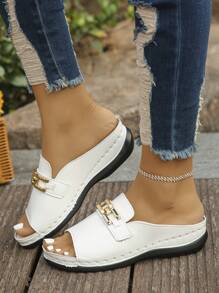 Sandalias informales de verano con cuñas plateadas talla grande 36-43, cómodas sandalias de plataforma con decoración de cadena metálica para uso diario y exterior para mujeres
