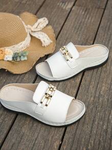 Sandalias informales de verano con cuñas plateadas talla grande 36-43, cómodas sandalias de plataforma con decoración de cadena metálica para uso diario y exterior para mujeres