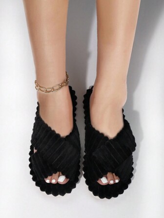 秋冬女士时尚交叉蓬松拖鞋，温暖的室内地板拖鞋