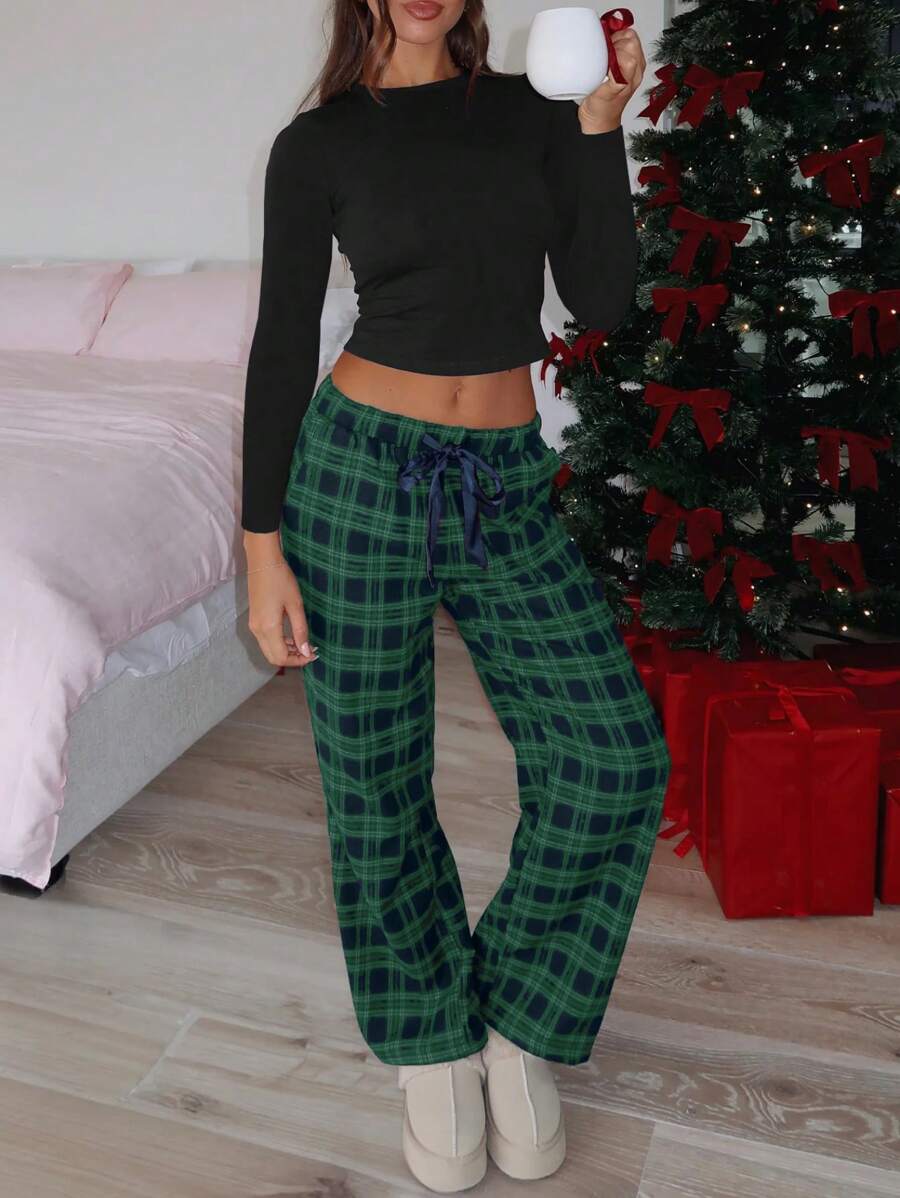 Women's Casual Two-Piece Long-Sleeved Slim-Fit Crop Top Drawstring Plaid Trouser Suit - màu xanh lá - Xem 1