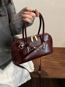 Bolsa Feminina Nova, Bolsa de Motocicleta Vintage Estilo Europeu e Americano com Rebite, Detalhe de Pregueado, Ombro e Bolsa Transversal Sólida Meia-Lua para Mulheres Bolsa de Motocicleta Y2K