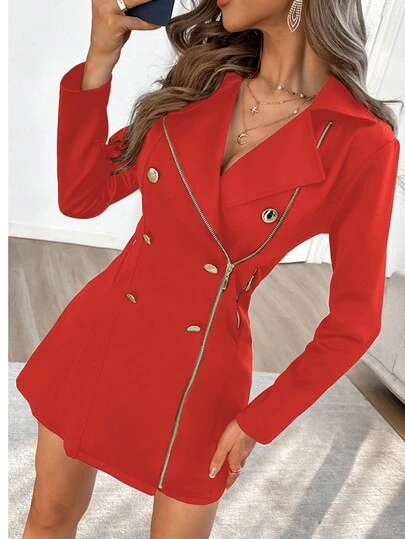 ChicMe Buttoned Zipper Pocket Design Notched Collar Blazer Dress