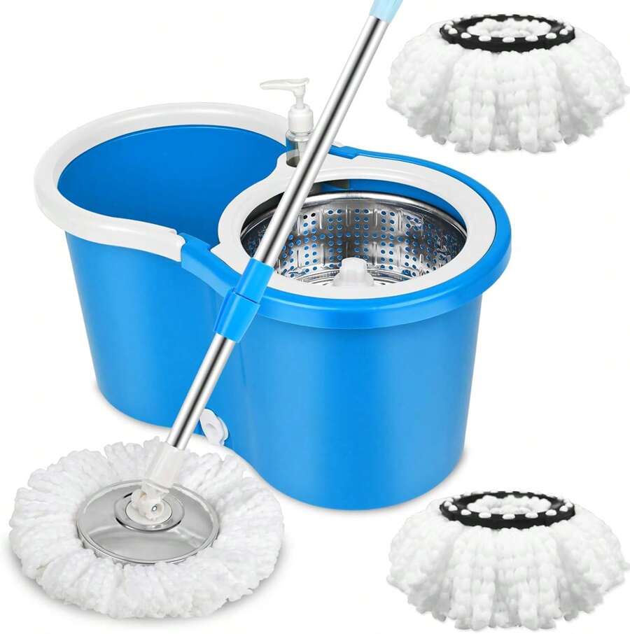 Spin Mop And Bucket Set, Mop And Bucket With Wringer Set, 360°Spin Mop Kit With 2 Extra Microfiber Mop Replacement Heads, Spinning Mop Bucket System For Floor Cleaning (Blue) - 藍色 - 查看 1