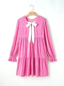 1 chiếc váy dài tay cổ tròn viền bèo nhún cạp cao thanh lịch, màu đỏ hồng - Màu Hồng Tươi - Xem 4