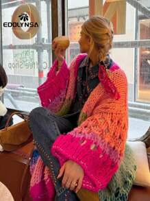 Cárdigan kimono hecho a mano, estilo boho, de colores vivos, con mangas acampanadas, suéter navideño 2024