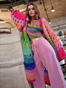 Cárdigan kimono hecho a mano, estilo boho, de colores vivos, con mangas acampanadas, suéter navideño 2024